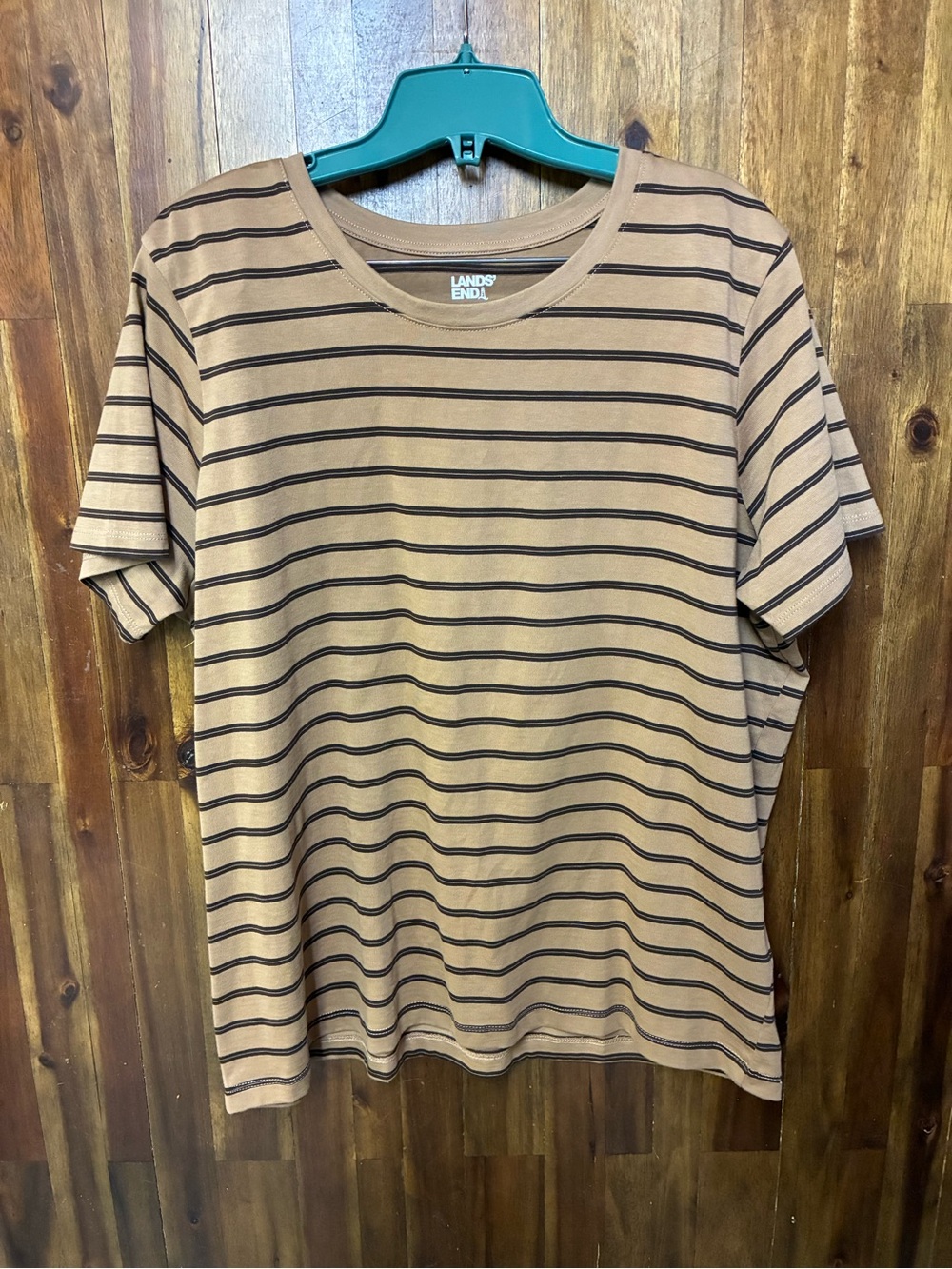 Lands' End Women’s Camel and Black Thin-Striped Crewneck Tee (XL)